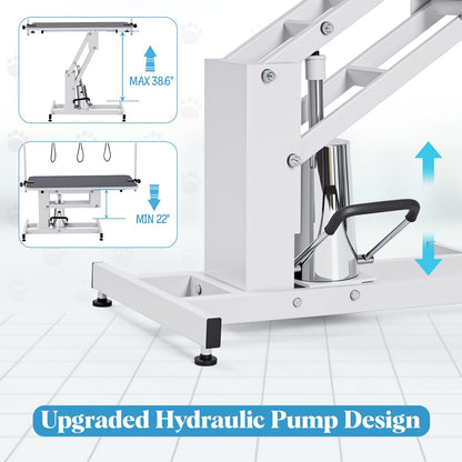 GarveeHome 43.6 in Pet Grooming Table for Large Dogs, Heavy Duty Height Adjustable Dog Grooming Table With Overhead Arm & Noose Height Range 22 in -39 in, Maximum Capacity Up to 350 LBS, White