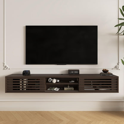 Furniloft 78" Floating TV Stand with Slatted Sliding Doors, Mid-Century Modern Wall Mounted Entertainment Center, Walnut Media Floating tv Console for 85 TV, Space-Saving Cable Management