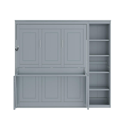 Ball & Cast Murphy Bed Chest Full Size,Hideaway Wall Bedframe with Desk and Bookshelf,Space Saving Cabinet Bed w/Shelf,Slat Support,can be Folded,Bedroom Furniture for Small Space,Gray