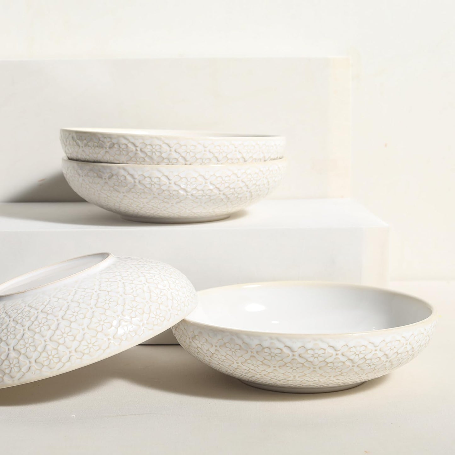 Feenmai 8" Ceramic Pasta Bowls, 22 Oz Serving Bowls Set of 4, Porcelain Shallow Soup Bowl, Embossed Serving Dishes for Pasta, Fruit, Salad, Housewarming Gift, Dishwasher Safe