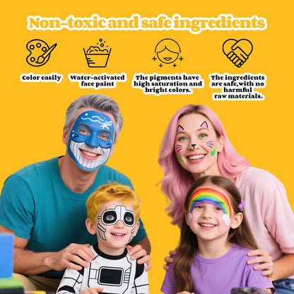 48 Colors Face Painting Kit for Kids & Adults, Non-Toxic Water Based Face Paint Palette with12 Rainbow Split Cakes +4 Sequins Gels, Includes Brush,Stencils,Glow Stickers Halloween Christmas Body Paint
