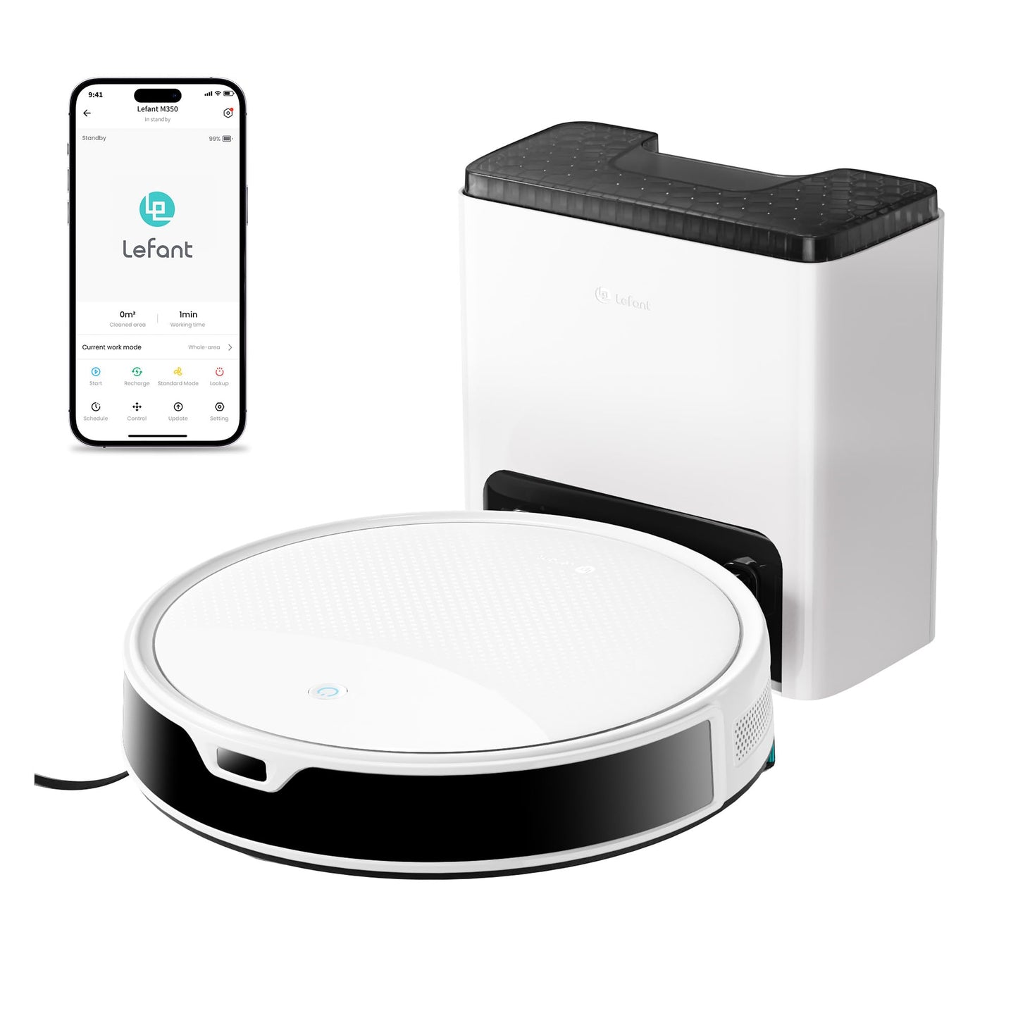 Lefant M350 Robot Vacuum and Mop Combo, 75-Day Self-Emptying, 190° PSD Obstacle Avoidance,6000Pa Suction，Quiet,Smart Navigation,Self-Charging, for Hard Floor, Carpet, Pet Hair,150 Min Runtime.White
