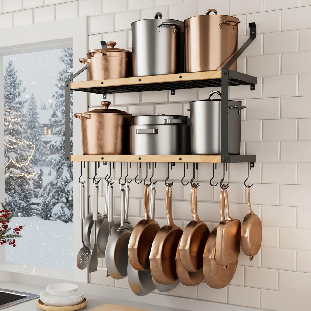 KES 132lb Heavy Duty Hanging Pot Rack Wall Mounted, 34 Inch Solid Wood Pot Rack Wall Mounted with 20 Sturdy Hooks, 2-Tier Wooden Pots Hanger Organizer Matte Black, KUR529S85B-BK