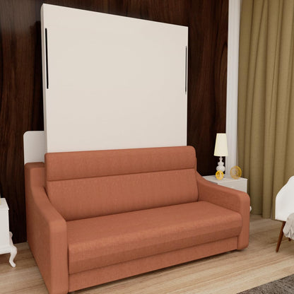 FAVSH Full Size Murphy Bed Cabinet with Loveseat Sofa, White Hidden Beds,Wall Bedframe w/Orange Couch for Bedroom,Space-Saving, Noise Free