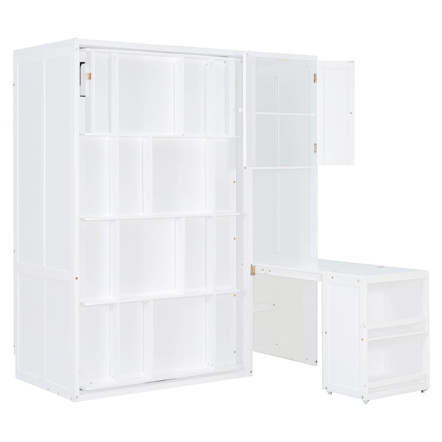 DNYN Rotating Murphy Bed with Top Cabinet and Extendable Desk for Guest/Study Room, Space-Saving Twin Size Wood Foldable Wall Bed Frame with Side Storage Shelf and Bookshelf, No Box Spring Needed
