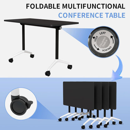 Folding Conference Room Table with Wheels,Flip Top Modular Training Meeting Table,Stackable Mobile Conference Table,Wooden Top Sturdy Frame,Space Saving,for Office,Classroom (4Pack, black, 47.2in)