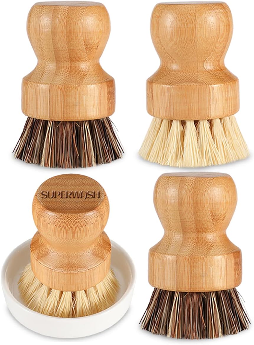 Bamboo Scrub Brush Set, Natural Bristles Palm Pot Brush, 4 Pack Mini Dish Brush with Ceramic Holder