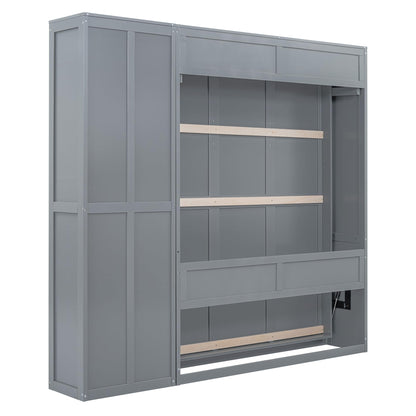 PacknWood Acosure Queen Size Murphy Five-Layer Cabinet,Bedroom Solid Wood Storage Hidden Wall Beds Frame W/Dual Piston Metal Folding Mechanism Designed,for Home Office,Study,Guest Room,Gray