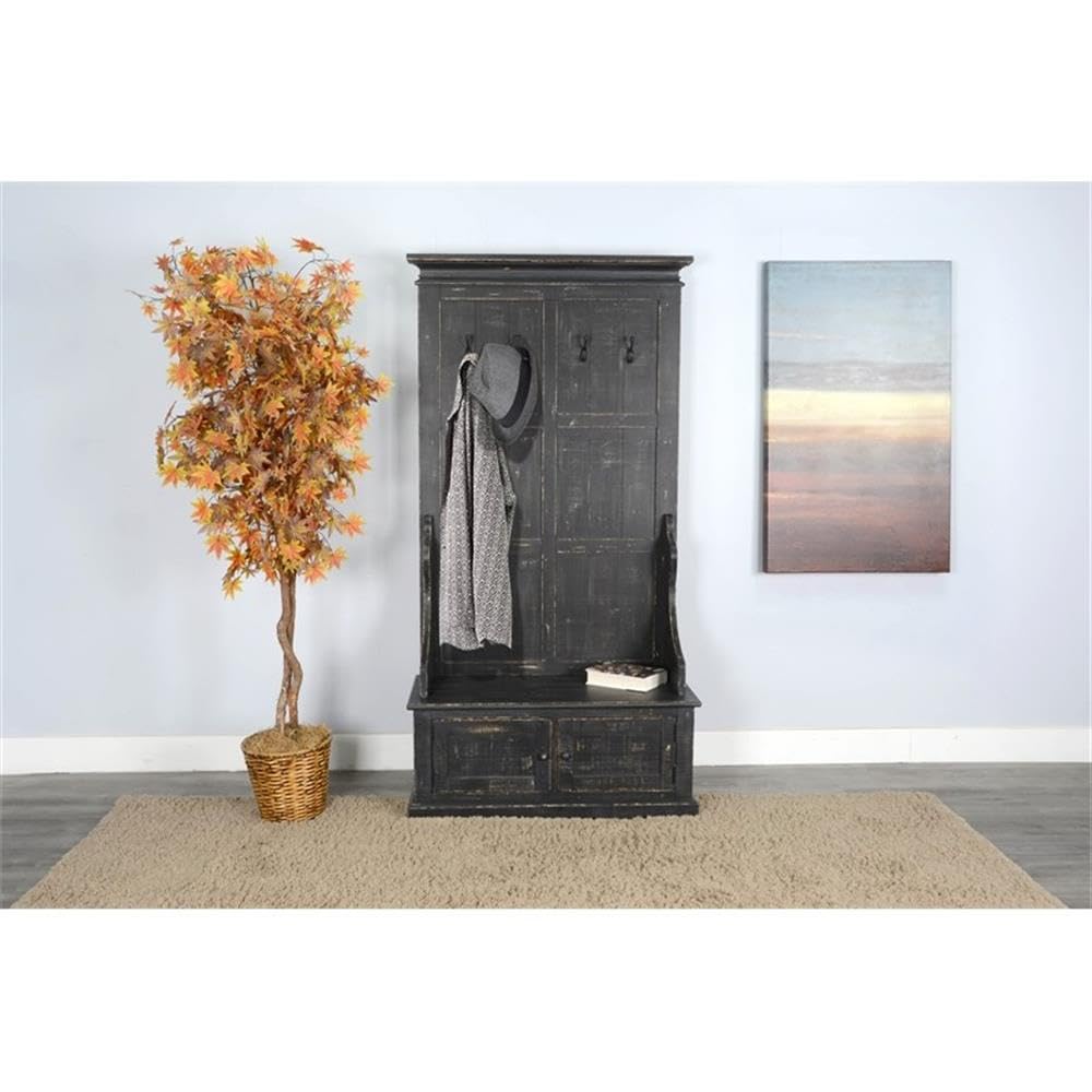 Pemberly Row Modern Hall Tree, Mahogany Wood, Black Sand Finish, Crown Molding Accents, 4 Double Prong Hooks, 2 Storage Cubbies, Rustic Style Entryway Organizer with Seat