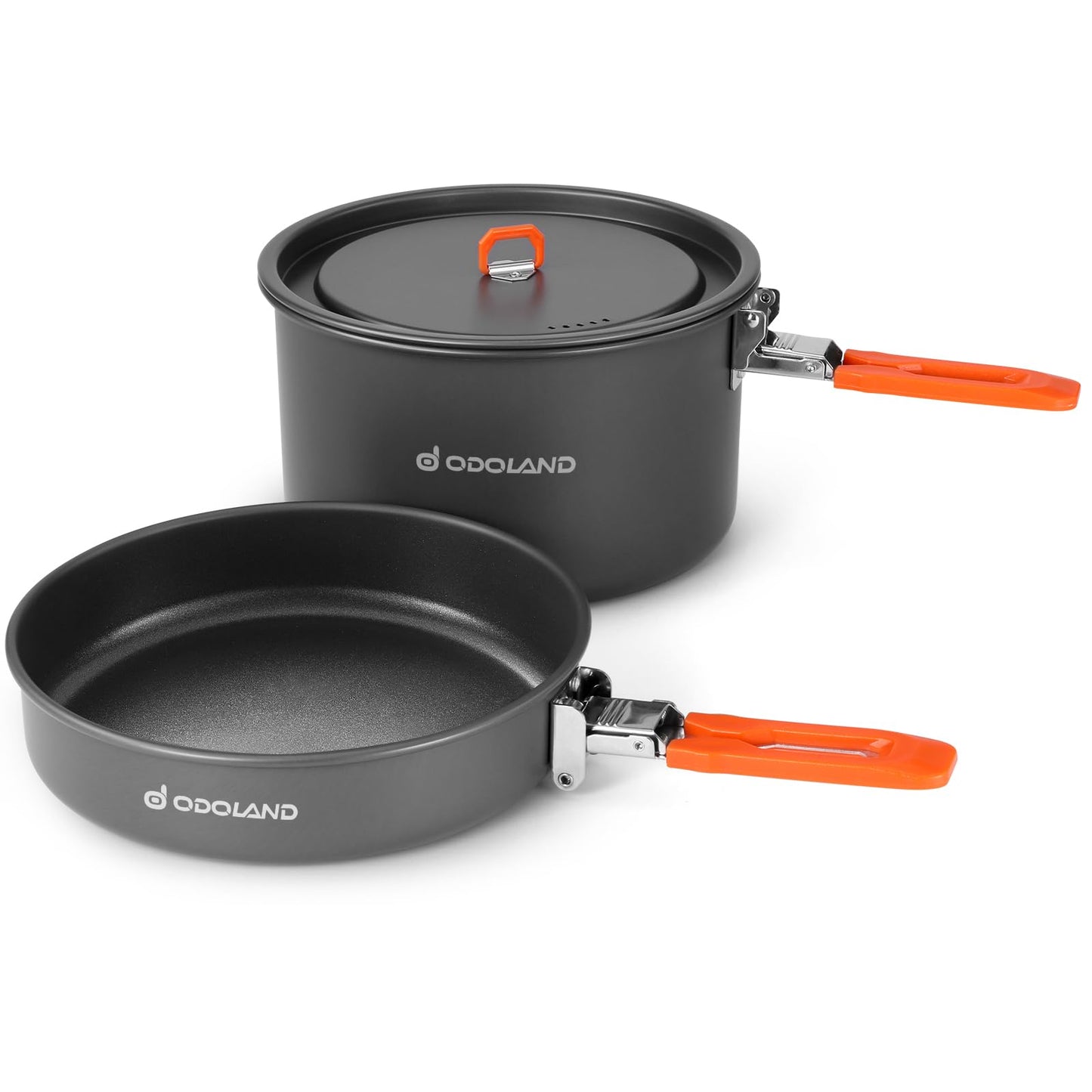 Odoland Camping Cookware Mess Kit, Non-Stick Lightweight Camping Pot and Fry Pan Set with Mesh Bag for Backpacking, Outdoor Cooking and Picnic, for 3-4 People and More