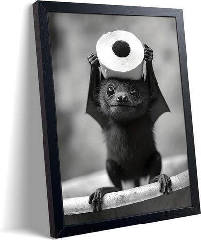 ARKZSHO Black and White Bathroom Wall Art - Funny Bats Canvas Print | Cute Animal Decor (Framed 10''x8'')