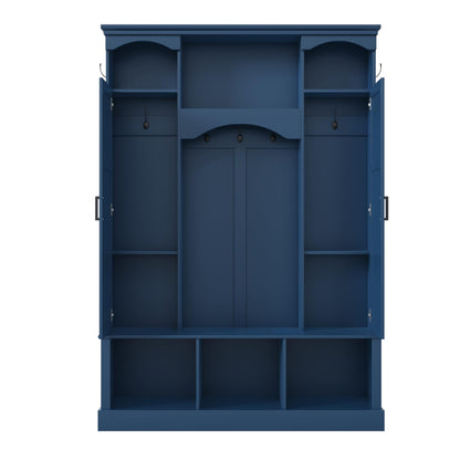 Modern Farmhouse Hall Tree with Adjustable Shelves & 7 Hooks, All-in-One Entryway Organizer, Shoe Cabinet & Storage Bench for Mudroom, Hallway, Classic Arched Design, Dual Side Cabinets (Blue Style6)