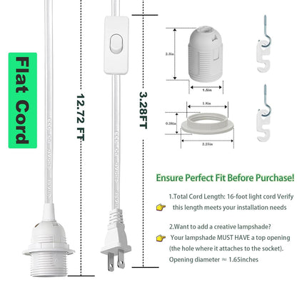 Zarnicy Plug in Light Socket - 16Ft Pendant Light Cord Kit E26/E27 Light Socket Hanging Lantern Lamp Cord with On/Off Switch,Socket Rings, 2 Pack, White