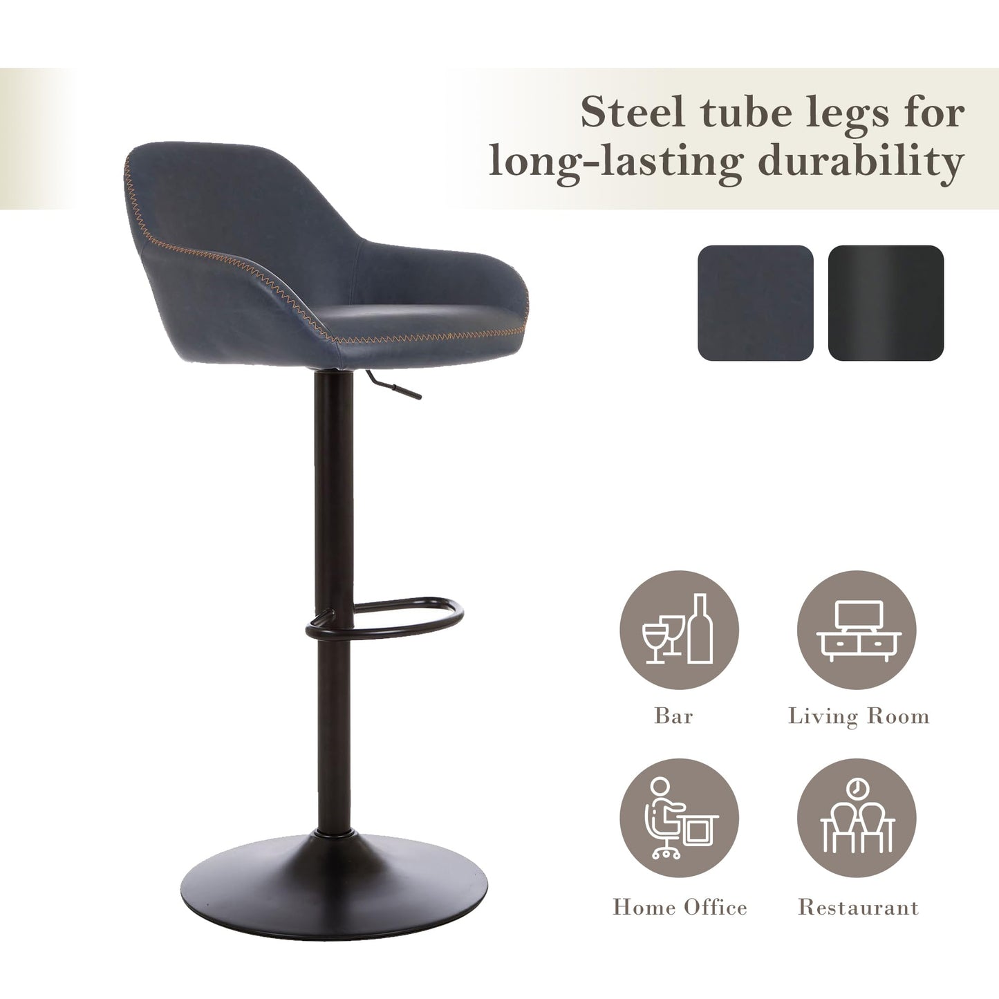 Glitzhome Bar Stools Set of 3, Adjustable Counter Height Bar Chairs with Back Support and Footrest, PU Leather Upholstered Swivel Bar Stools for Kitchen Island Dining Room Pub Home Bar, Navy Blue