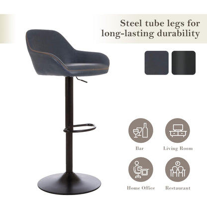 Glitzhome Bar Stools Set of 3, Adjustable Counter Height Bar Chairs with Back Support and Footrest, PU Leather Upholstered Swivel Bar Stools for Kitchen Island Dining Room Pub Home Bar, Navy Blue