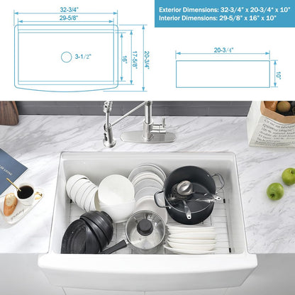 33 Inch White Farmhouse Sink Workstation-VASOYO 33 x 21 Apron Front Farm Sink White Fireclay Farmhouse Kitchen Sinks Workstation Single Bowl Deep Kitchen Sinks Undermount with Cutting Board