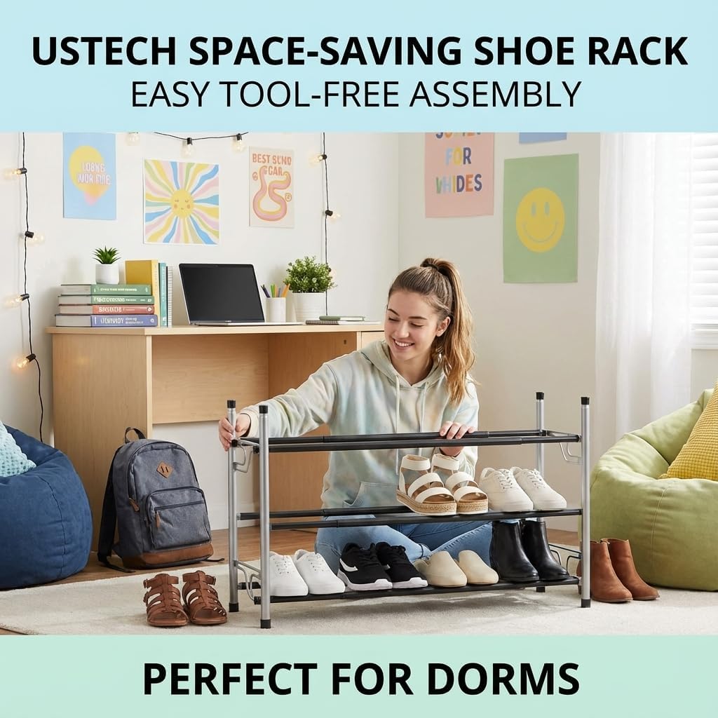 2-Tier Closet, USTECH Shoe Rack Organizer - Sturdy Shoe Storage Organizer for Entryway | Metal Shelf Shoe Rack