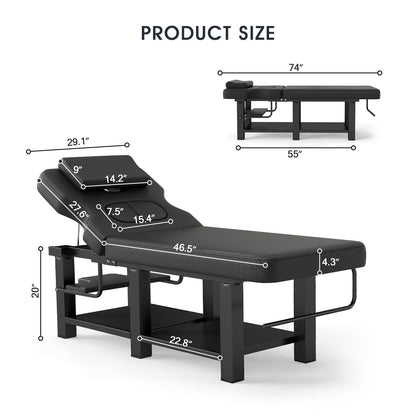 Heavy Duty Stationary Massage Table with Adjustable Backrest, Wide Spa Facial Bed with Metal Frame & PU Leather, Professional Massage Therapy Bed for Spa Salon Tattoo Physical Therapy Clinic (Black)