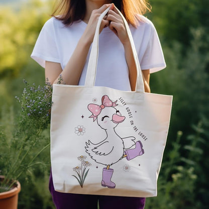 Silly Goose Canvas Tote Bag With Inner Pockets,Cute Reusable Bag for Lunch Grocery Shopping and Beach,Women Lady Canvas Cotton Tote,Birthday Gifts for Goose Lovers