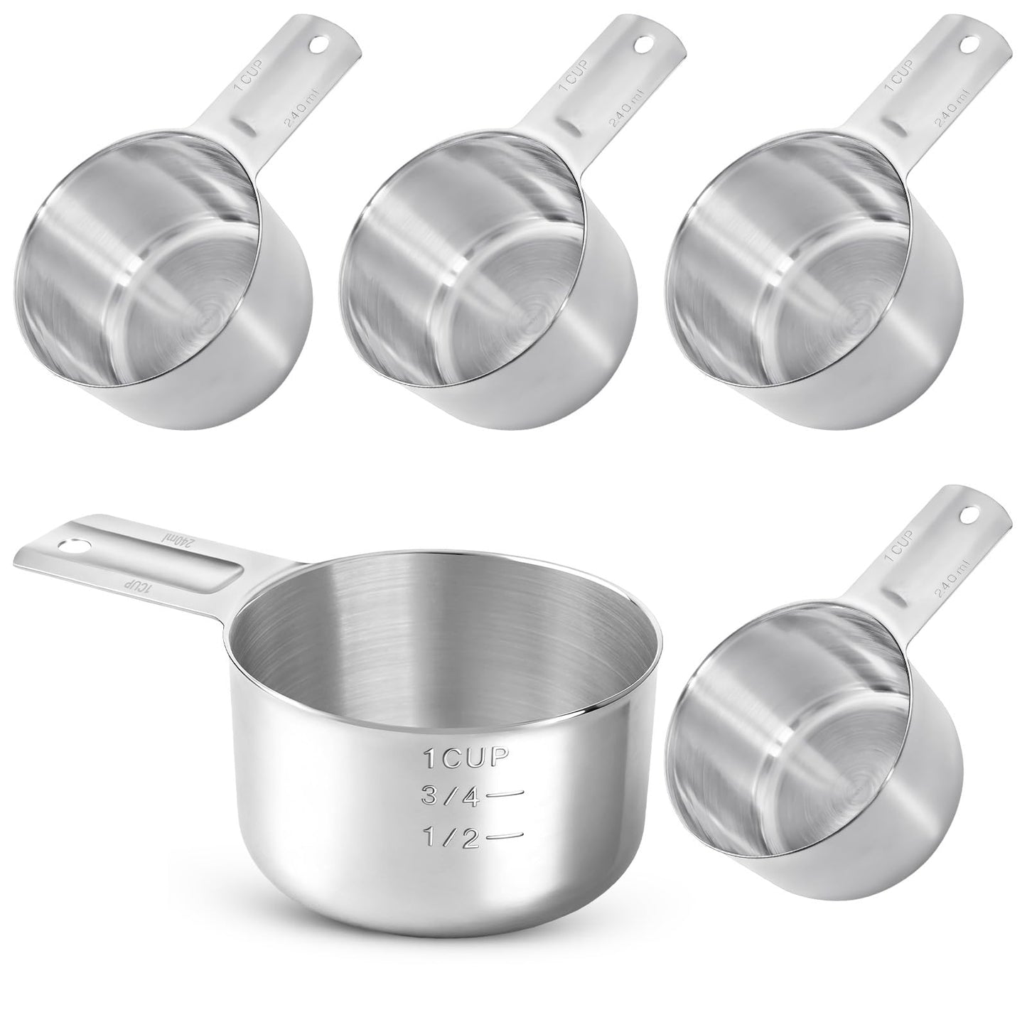 Akamino 4 Pack 1 Cup Stainless Steel Measuring Cup, 250 ml | 240 cc | 8 oz Single Measuring Cups with Handle, Small Measuring Scoops Coffee Scoop for Kitchen Cooking Baking