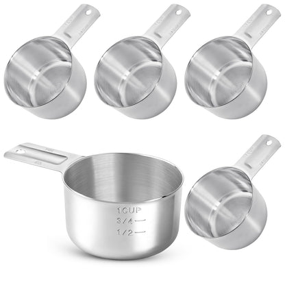 Akamino 4 Pack 1 Cup Stainless Steel Measuring Cup, 250 ml | 240 cc | 8 oz Single Measuring Cups with Handle, Small Measuring Scoops Coffee Scoop for Kitchen Cooking Baking