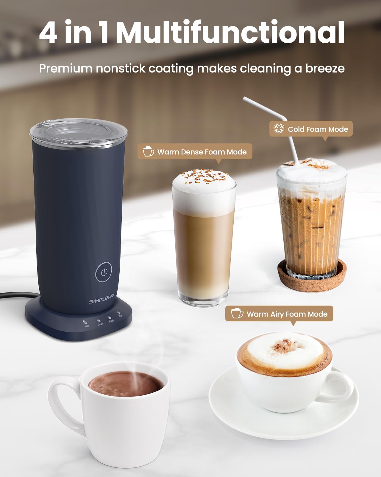SIMPLETASTE Milk Frother, 4-in-1 Electric Milk Frother and Steamer, Automatic Warm and Cold Foam Maker and Milk Warmer for Latte, Cappuccinos, Dark Blue