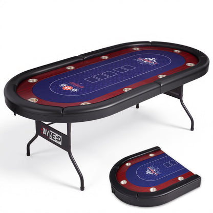 RAYKEEP 86" Large Foldable Poker Table, 10-Player Casino-Style Texas Holdem & Blackjack Game Table with Cup Holders, Padded Rails for Home Game Room, Family Nights, and Parties (Black)