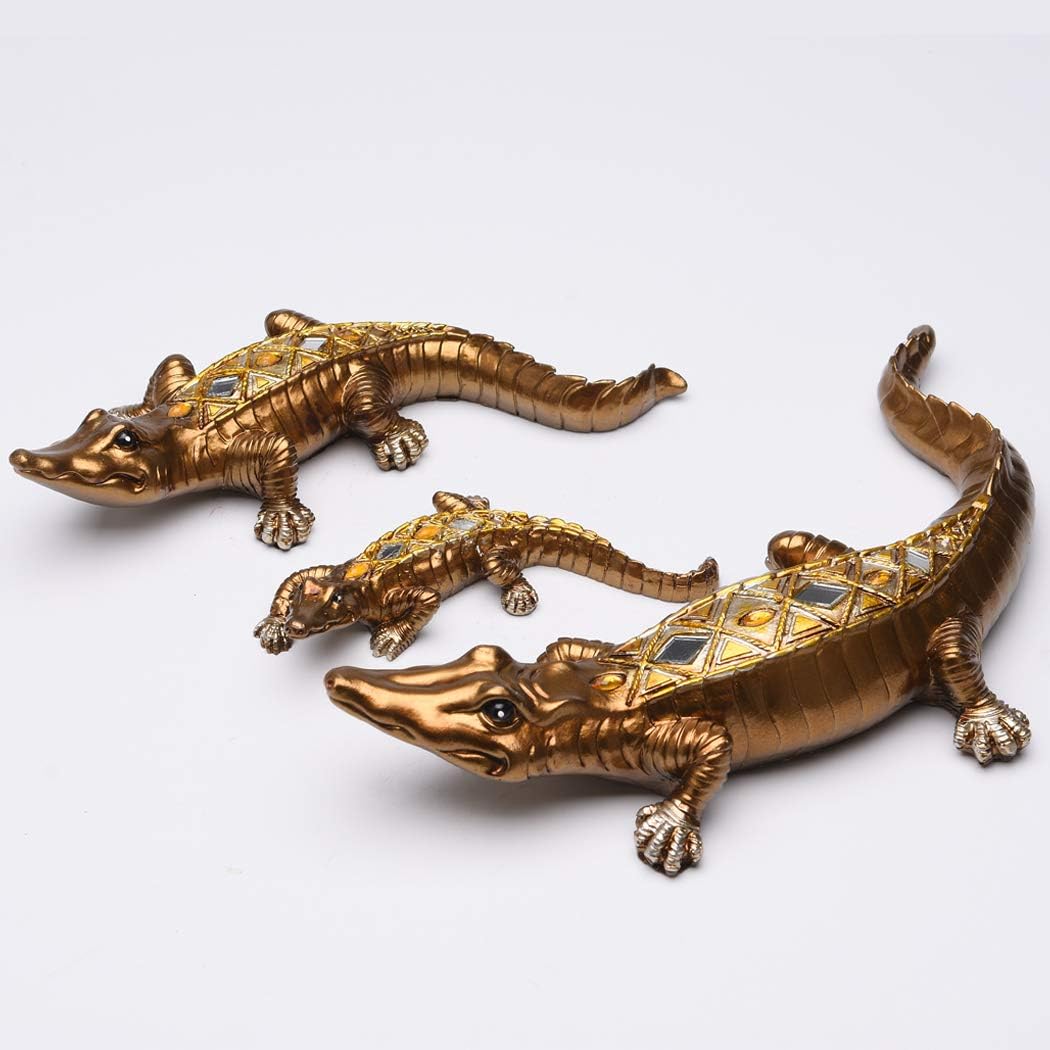 BRASSTAR Three Crocodile Statue, Resin Golden Royal Alligator Family Figurine, Home Office Art Decoration