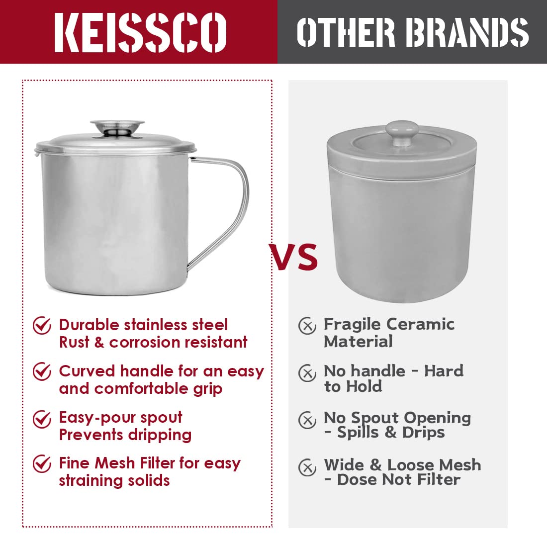 KEISSCO Bacon Grease Container with Strainer, Stainless Steel Oil Storage Can Container with Fine Mesh Strainer Fat Container Pot with Filter Screen, 1.25 QT / 5 Cups Grease Keeper Cooking Oil Keeper