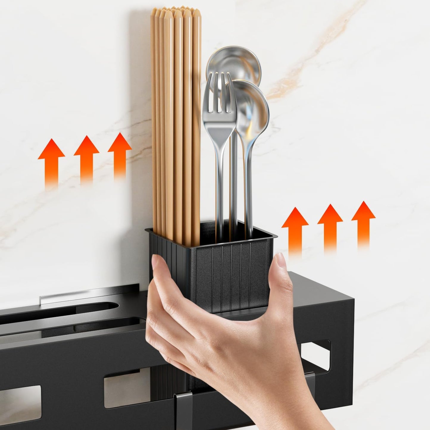 Wall Mount Utensil Rack, 15.7inch Stainless Steel Holder with Hooks for Spoons, Knives, Forks, and Cutlery Shelf