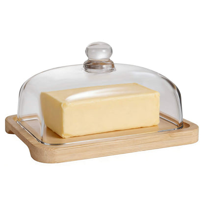 RingsTown‌ wide butter dish with glass lid with Easy-Grip Handle Lid & Natural Bamboo Base - Airtight Seal for Butter Storage Box for Kitchen Countertop and Dining Table to Keep Butter Fresh.