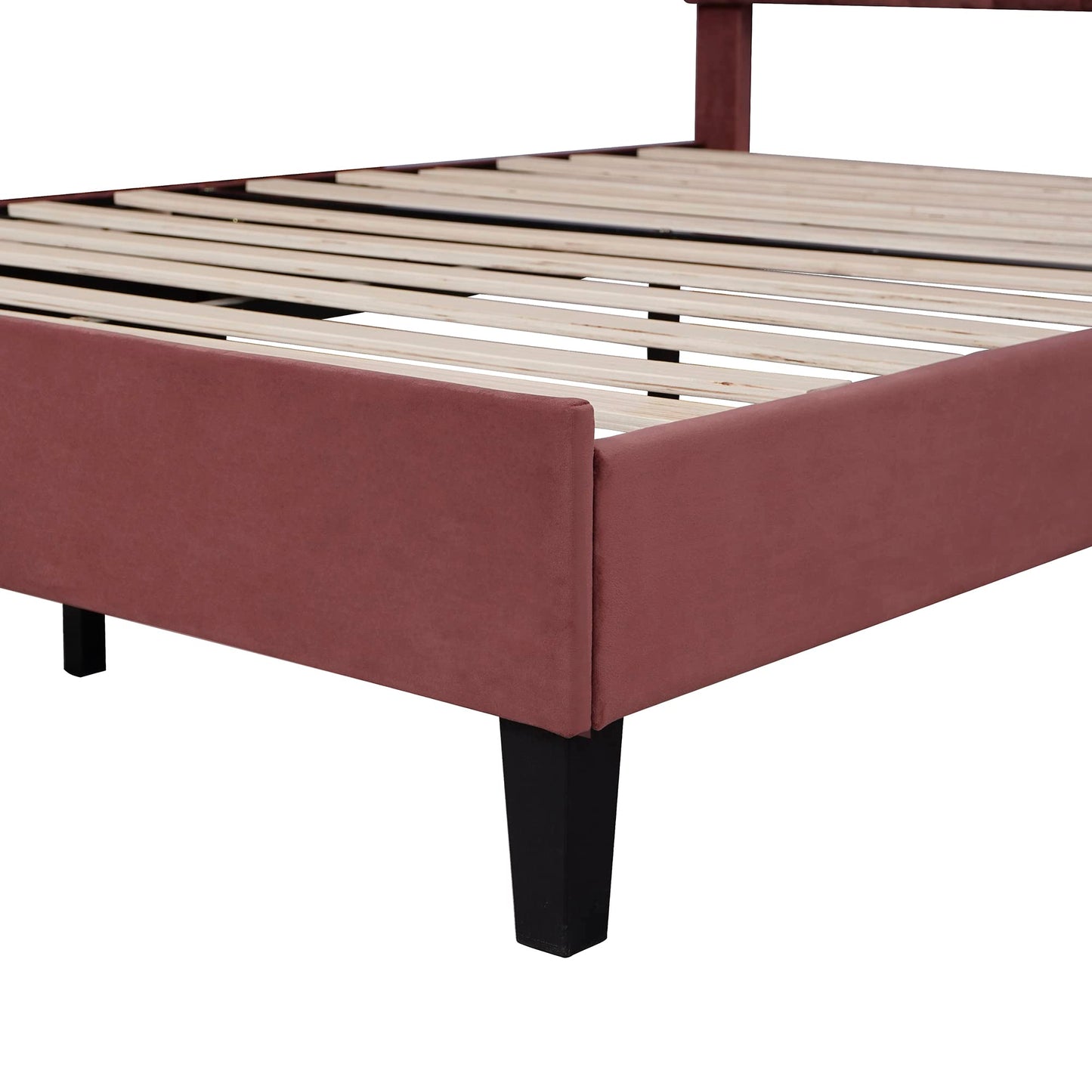 Merax Full Size Upholstered Platform Bed Wooden Frame with Flower Pattern Velvet Headboard for Bedroom,Boys Girls,Bean Paste Red