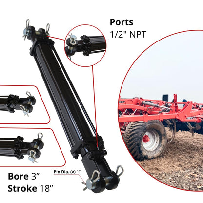 Magister Hydraulics Double Acting Hydraulic Cylinder - AG Tie-Rod Hydraulic Cylinder 2500 PSI Agriculture Standard 3" bore 18" Stroke (3x18)