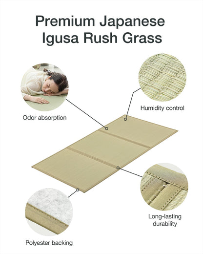 FULI Japanese Tatami Mattress, Foldable Igusa Rush Grass Tatami Rug, Natural Japanese Floor Mattress Mat Made in Japan, Twin