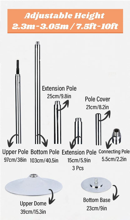 OREKPOT Spinning Pole Portable Removable Dance Pole for Kids - 40mm Portable Spinning Static Dancing Pole with Extension Pole for Home Apartment Club Exercise, Removabl，Silver 7.5FT 10FT/2.3M 3.05M