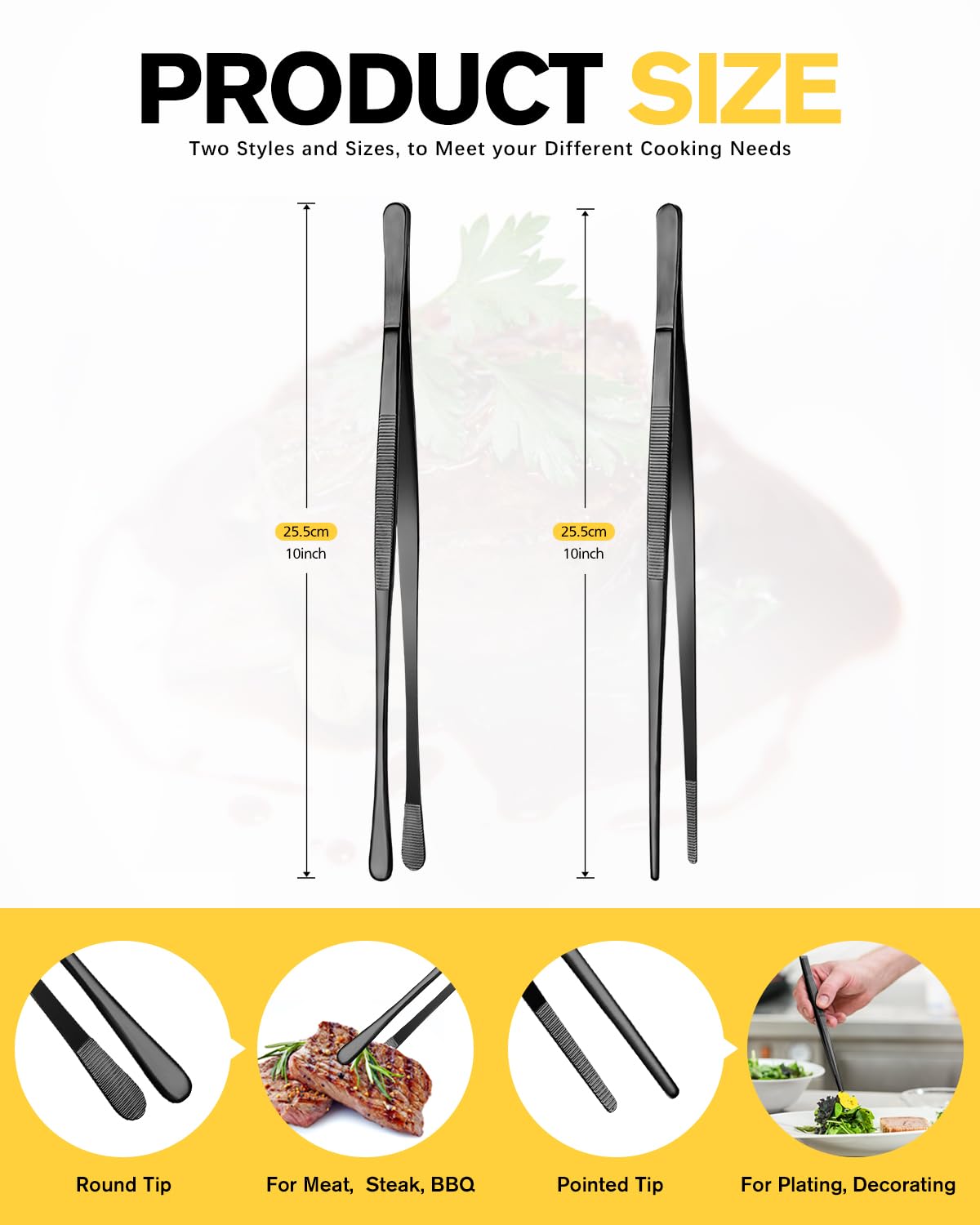 2 Pcs 10-Inch Kitchen Tweezers Fine Tweezer Tongs, Stainless Steel Professional Long Cooking Tweezers for BBQ, Sea Food, Repairing and Serving (BLACK)
