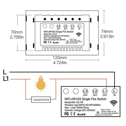 MOES Touch Wall Single Live Wire Smart Switch，No Neutral Wire Needed, 2.4GHz WiFi RF433 Light Switch Works with Smart Life/Tuya App, Alexa and Google Home, Single Pole 110V, White 1 Gang