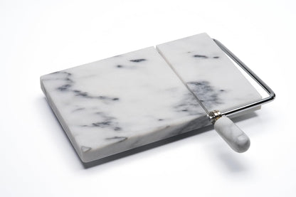LIUHER Marble Cheese Slicer for Block Cheese, 5" x 8" White Marble Cheese Board and Cutter with 2 Replacement Stainless Steel Wires, Heavy Duty Cheese Slicer Kit for Home Kitchen and Charcuterie