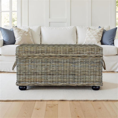 Bowery Hill Wicker & Rattan Storage Trunk, Handmade Solid Mahogany Wood Frame, Tan Finish, 42 in Wide, Lift-Top Spacious Compartment, Farmhouse Style Coffee Table or Storage for Living Room or Bedroom