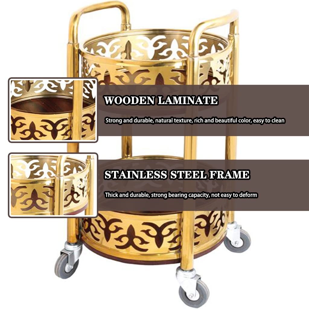 FGQuelleBM 2-Tier Serving Cart with Ornate Cut-Out Design, Mobile Beverage Cart Features Dual Handles, Crafted from Stainless Steel and Wood(Gold)