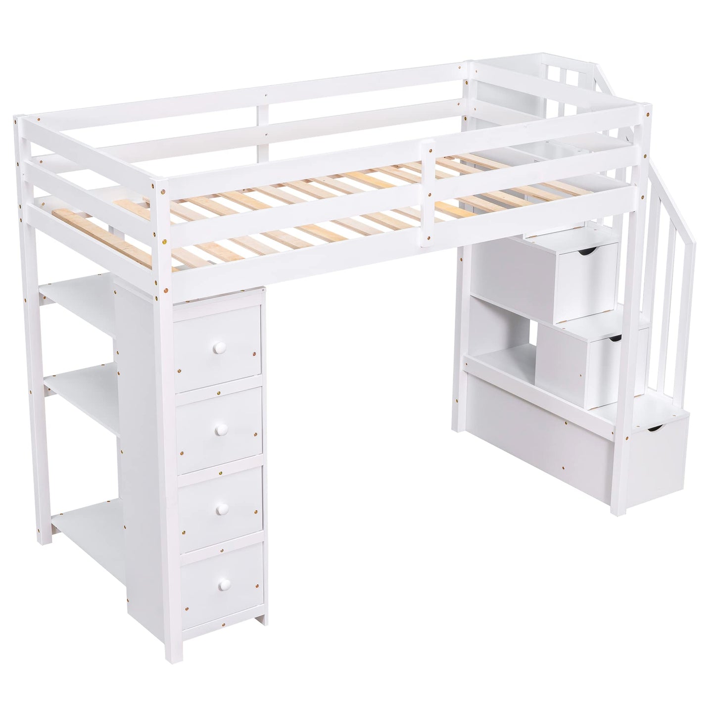 Merax Twin-Size Loft Bed with Storage Drawers and Stairs, Wooden Loft Bed with Shelves for Teens, White