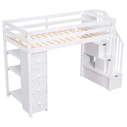 Merax Twin-Size Loft Bed with Storage Drawers and Stairs, Wooden Loft Bed with Shelves for Teens, White