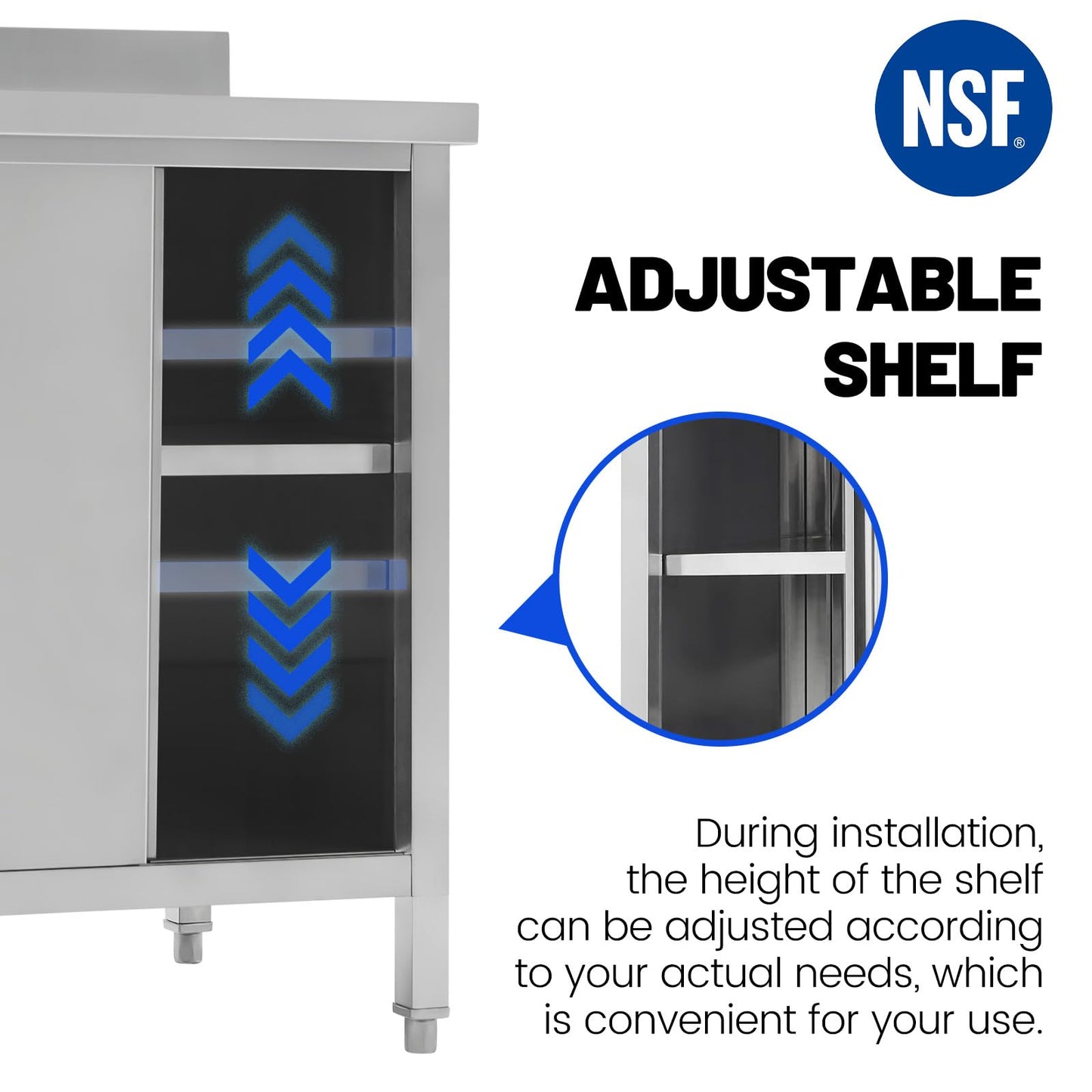 Hally Stainless Steel Cabinet, 24" x 60" NSF Commercial Heavy Duty Prep Workbench with Backsplash and Two Sliding Doors, Large Storage Cabinet, Metal Table for Kitchen, Restaurant, Garage