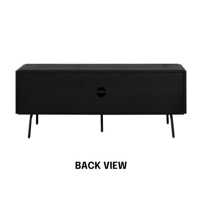 NTC Mossic TV Media Cabinet with 3 Doors for TVs, Entertainment Center with Natural Rattan, Metal Legs, Modern Storage Console for Living Room and Bedroom, Effortless Assembly, Burnt Black