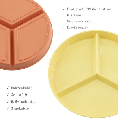 falichchch 9.6-Inch Large Multicolor Wheat Straw Divided Plates – 9PCs Unbreakable 3-Compartment Plates for Portion Control & Healthy Eating Microwave & Dishwasher Safe – Eco-Friendly & Reusable