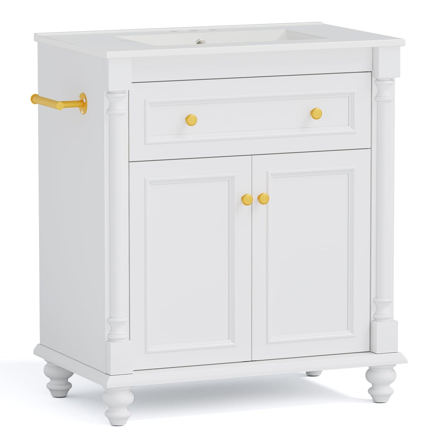 YESHOMY 30" Bathroom Vanity with Sink, Freestanding Bathroom Vanity with Integrated Ceramic Basin, 1 Flip-Down Drawer, 2 Doors & Adjustable Shelf, Bathroom Storage Cabinet with Sink Combo Set, White