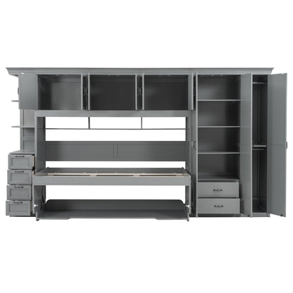 DNYN Murphy Bed with Top Cabinets and Wardrobe, Space-Saving Foldable Wall Bed Frame with Storage Drawers/Shelves/Desk for Bedroom Guest/Study Room, No Box Spring Needed