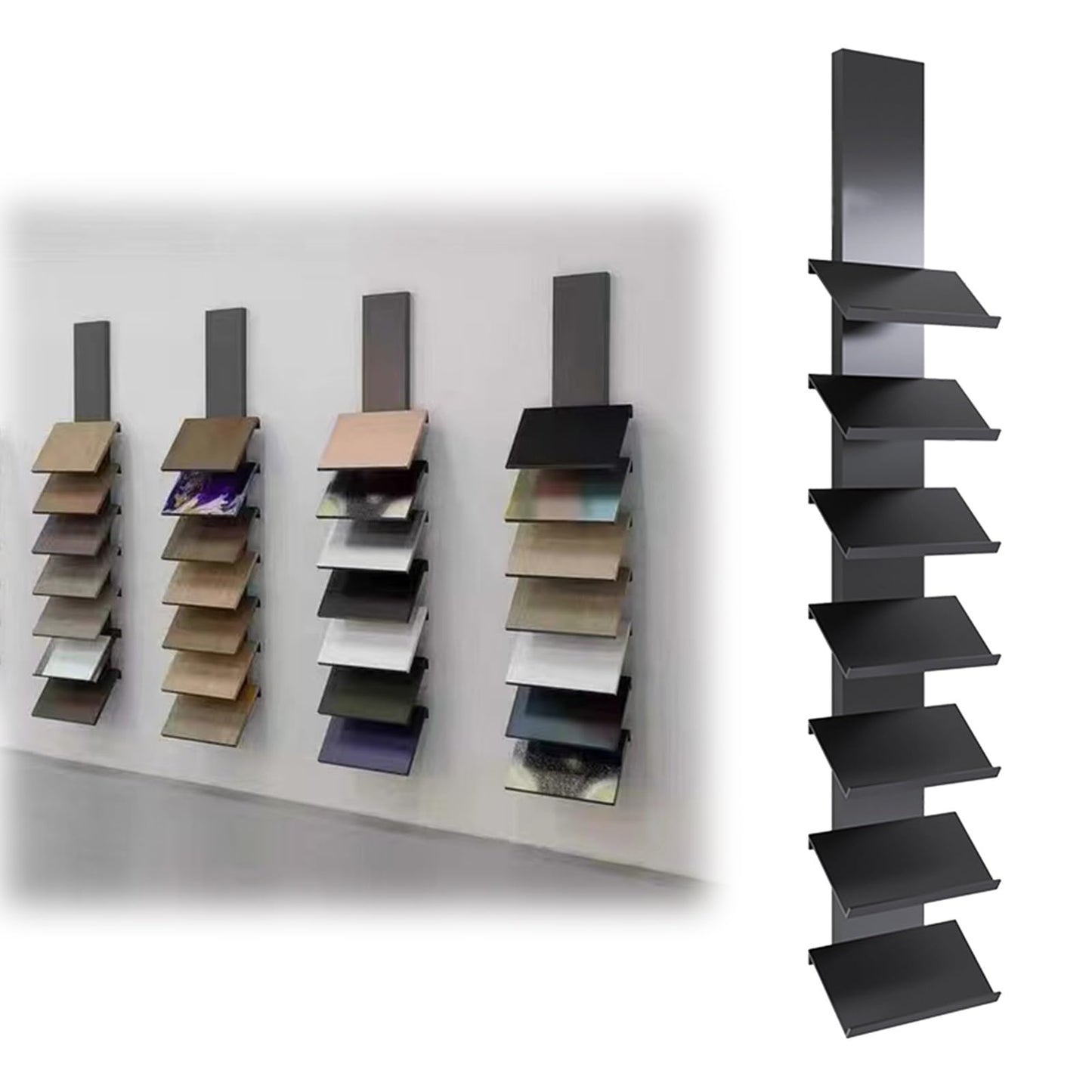 Heavy-Duty Wall Mount Tile Display Rack for Marble & Stone Samples, 7-Shelf Wooden Plate Holder, Glass Sample Storage Stand for Retail Stores (40x30x170cm)