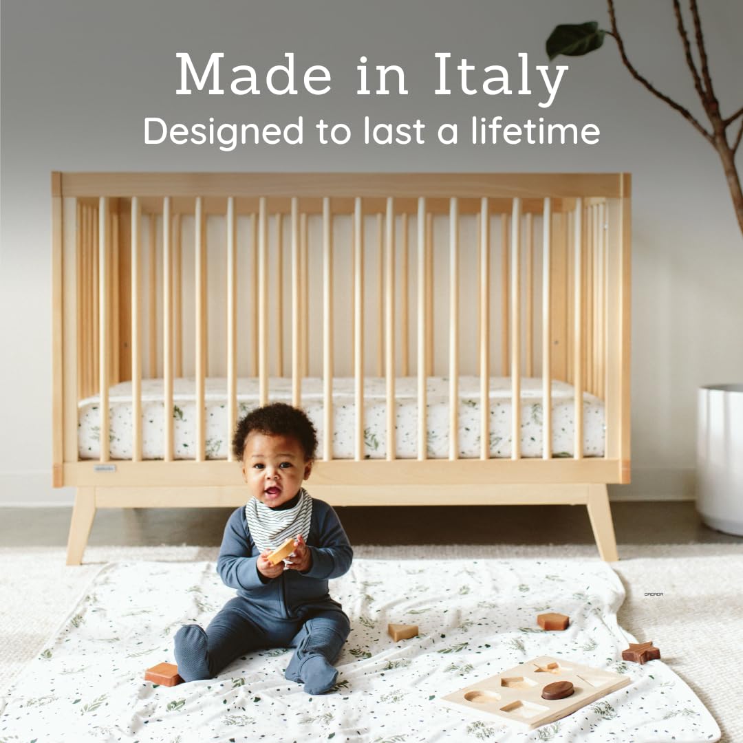 dadada Baby Soho 3-in-1 Convertible Wooden Crib to Toddler Bed - Made in Italy, GREENGUARD Gold Certified, Baby-Safe Finish, Handcrafted Beechwood, Modern Design, 3 Adjustable Heights (Natural)