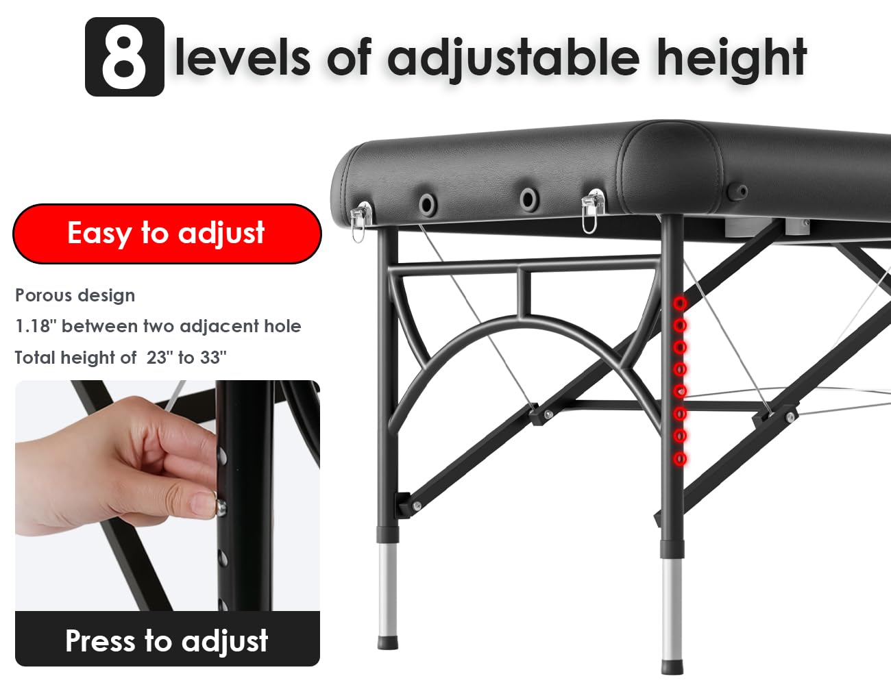 CLORIS 84" Professional Massage Table Portable 2 Folding Lightweight Facial Salon Spa Tattoo Bed Height Adjustable with Carrying Bag & Aluminium Leg Hold Up to 1100LBS Black Widen